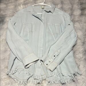 Umgee Light Blue Denim Jacket with Frayed Hem
